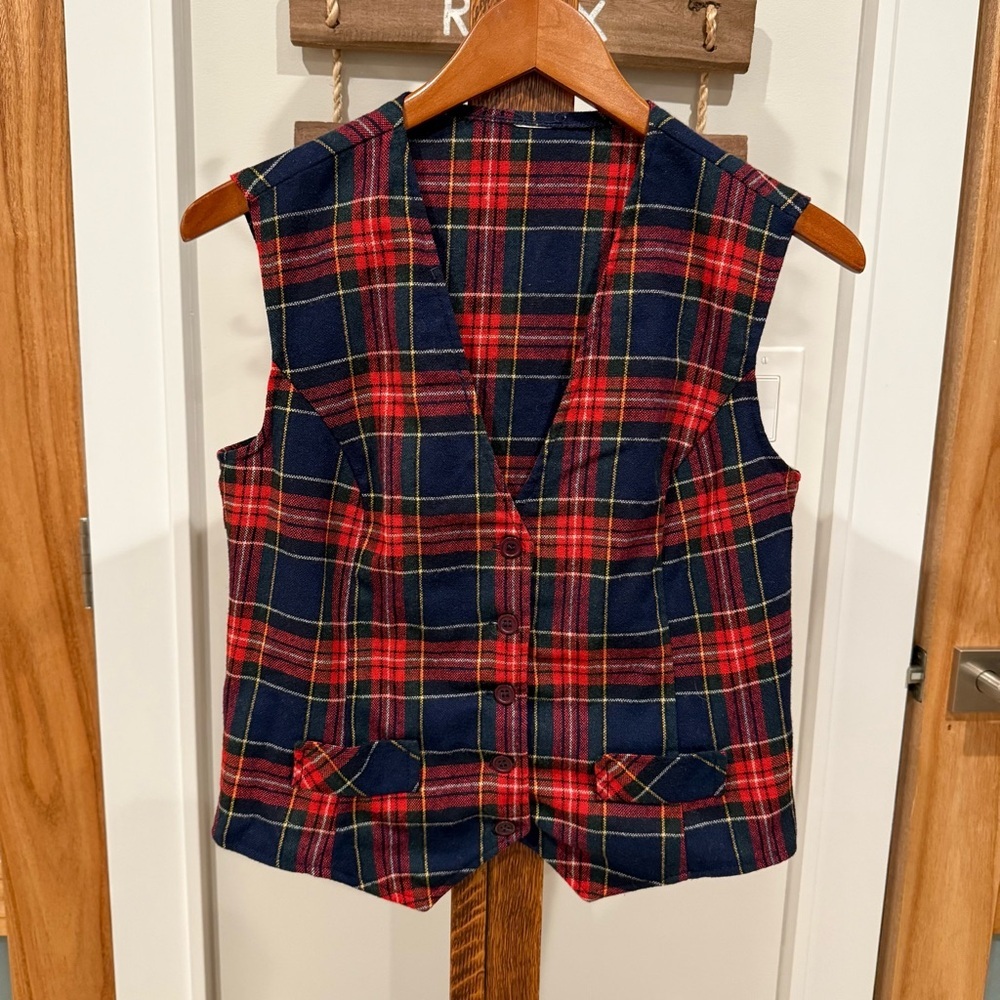 Vintage Button Up Red Green Blue Yellow Tartan Plaid Vest Women's Fits Small EUC